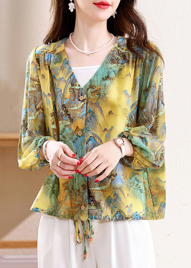 Loose V Neck Print Button Silk Blouses Fall