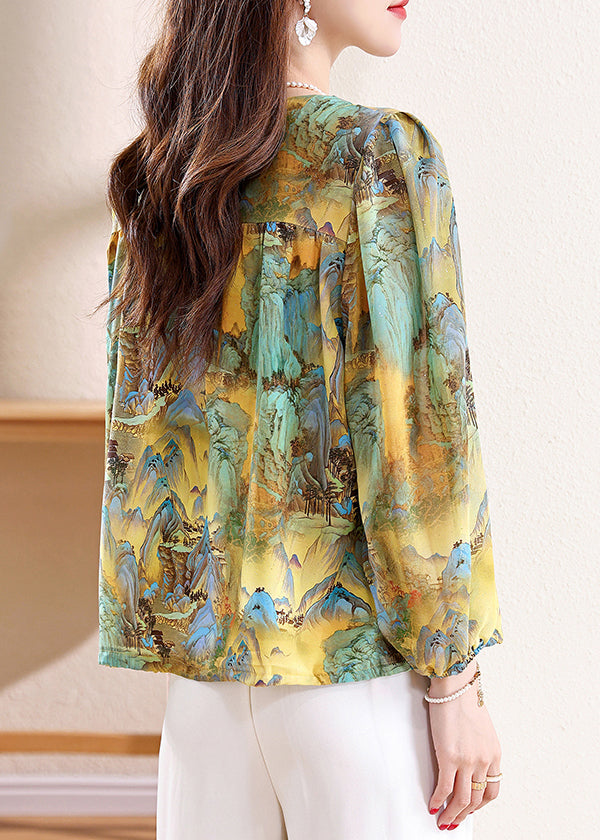 Loose V Neck Print Button Silk Blouses Fall
