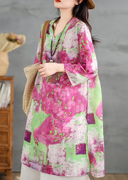 Loose V Neck Print Cotton Shirts Dress Bracelet Sleeve