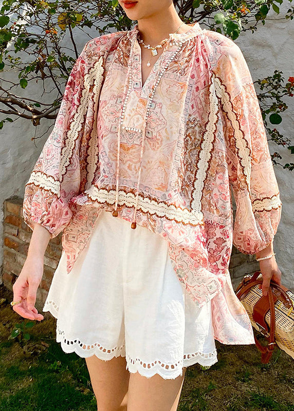 Loose V Neck Print Lace Up Chiffon Shirts Spring