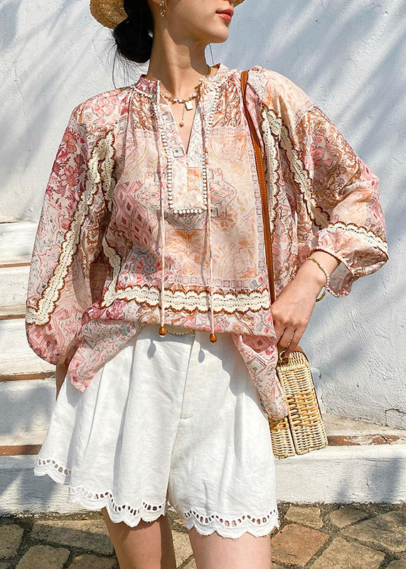 Loose V Neck Print Lace Up Chiffon Shirts Spring