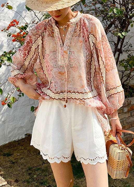 Loose V Neck Print Lace Up Chiffon Shirts Spring