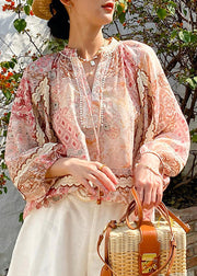 Loose V Neck Print Lace Up Chiffon Shirts Spring