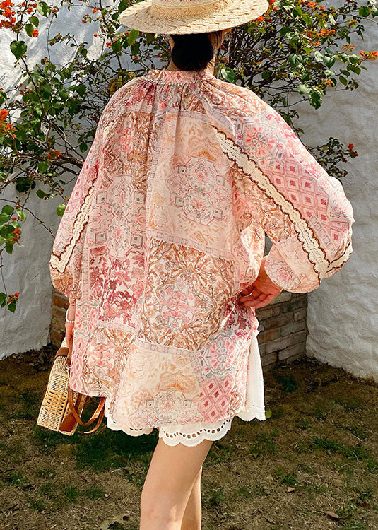 Loose V Neck Print Lace Up Chiffon Shirts Spring