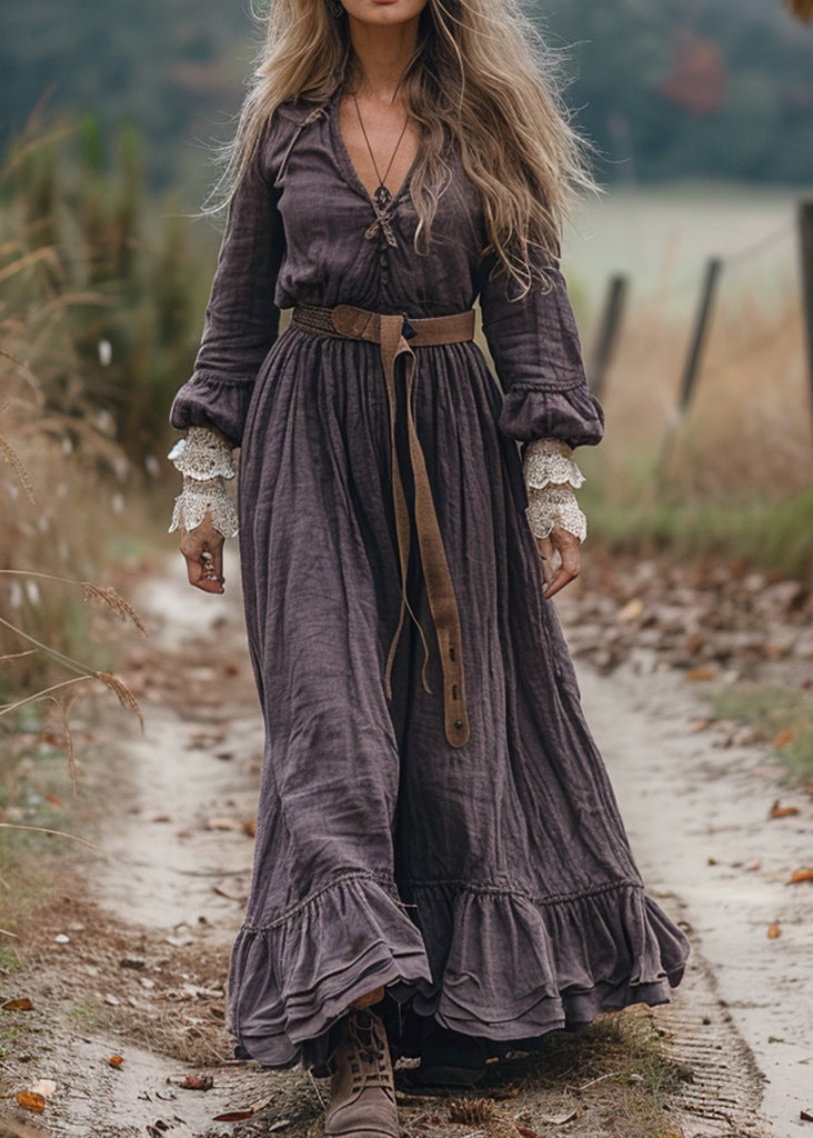 Loose V Neck Ruffled Lace Patchwork Cotton Long Dress Spring