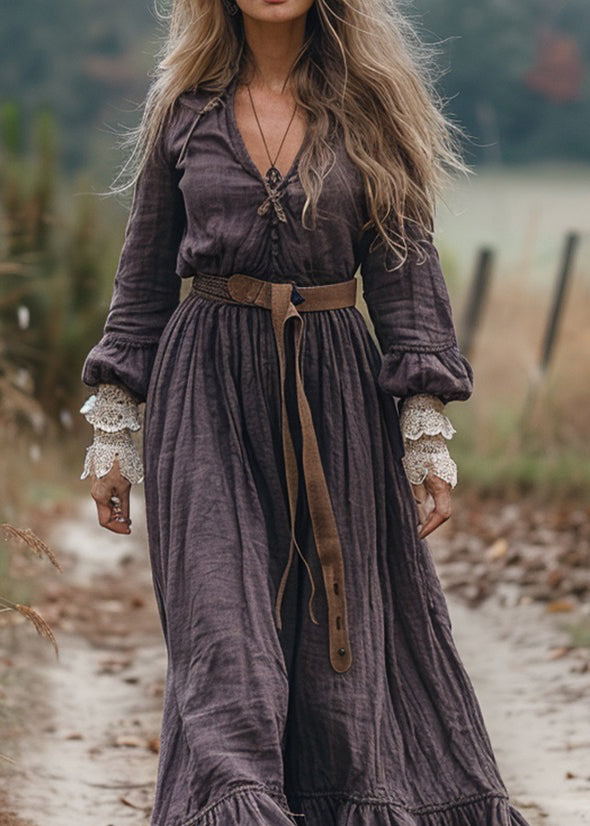 Loose V Neck Ruffled Lace Patchwork Cotton Long Dress Spring