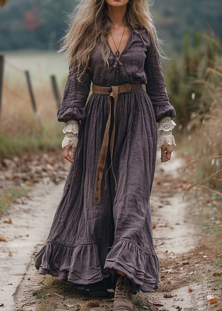 Loose V Neck Ruffled Lace Patchwork Cotton Long Dress Spring