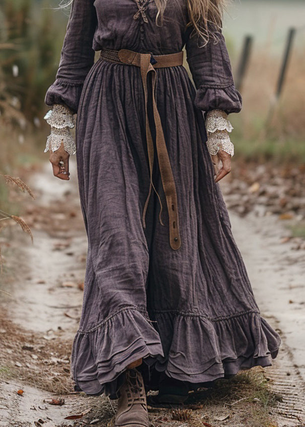 Loose V Neck Ruffled Lace Patchwork Cotton Long Dress Spring