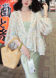 Loose V Neck Tie Waist Lace Shirts Fall