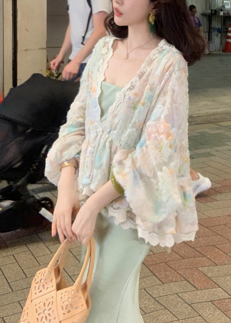 Loose V Neck Tie Waist Lace Shirts Fall