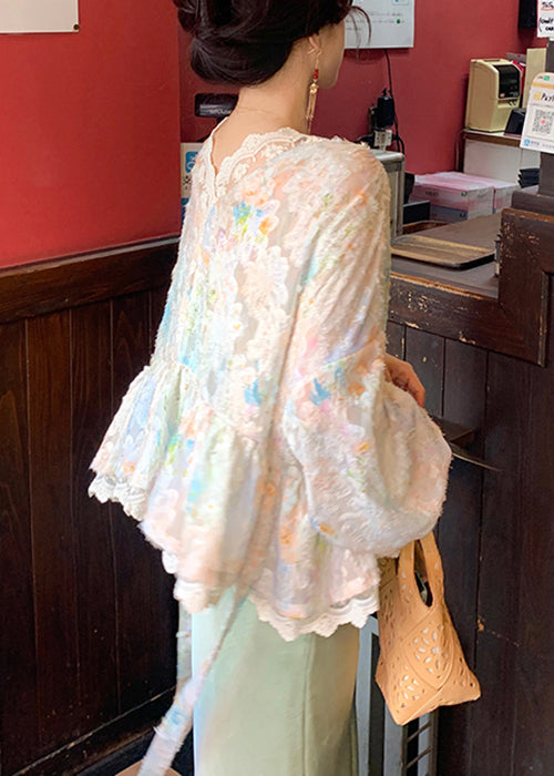 Loose V Neck Tie Waist Lace Shirts Fall