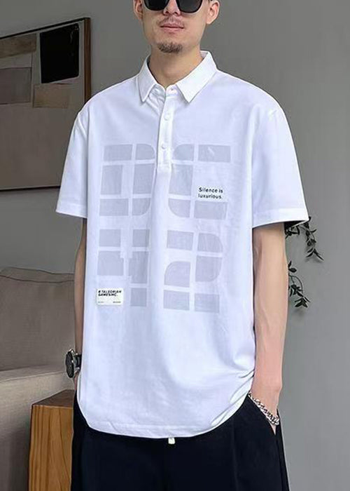 Loose White Button Print Cotton Men Polo Shirt Summer