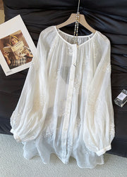 Loose White Embroidered Button Cotton Blouses Fall