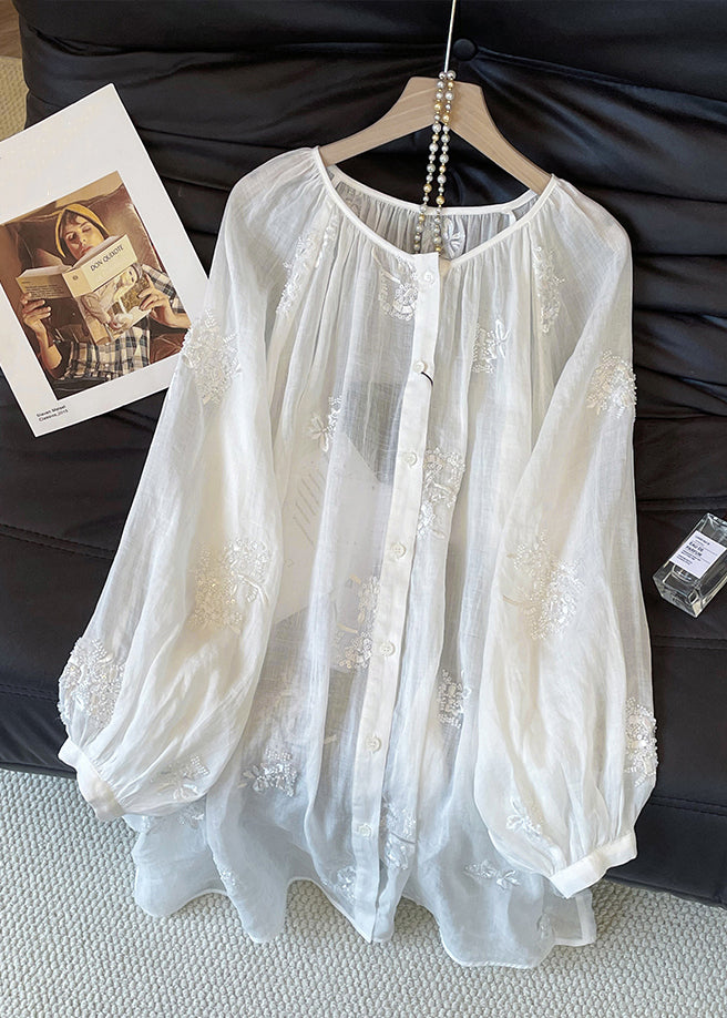 Loose White Embroidered Button Cotton Blouses Fall