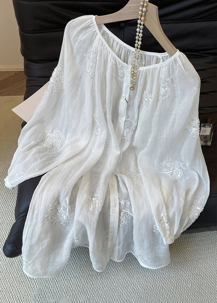 Loose White Embroidered Button Cotton Blouses Fall