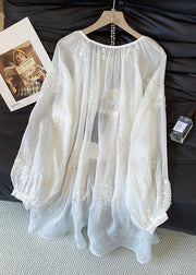 Loose White Embroidered Button Cotton Blouses Fall