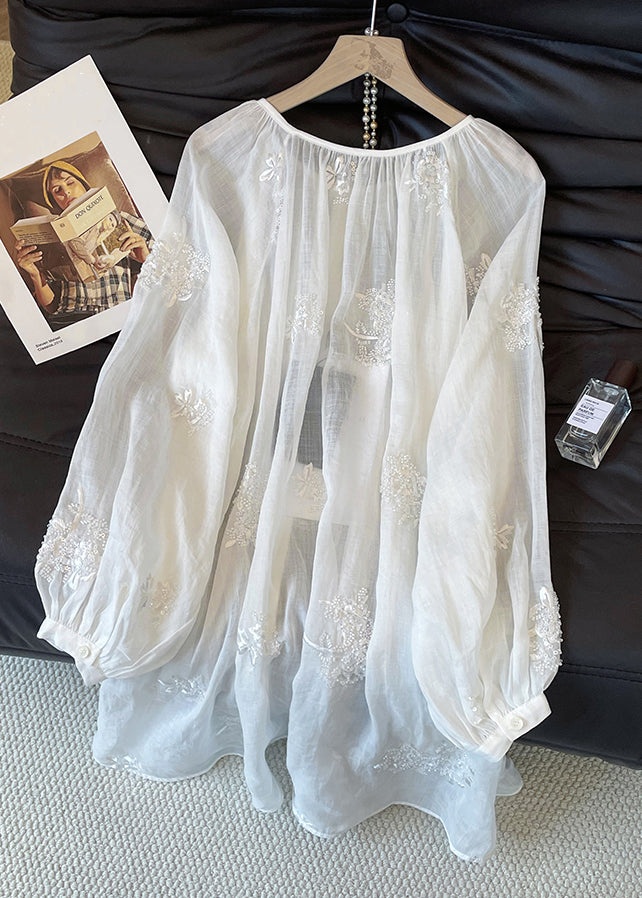 Loose White Embroidered Button Cotton Blouses Fall