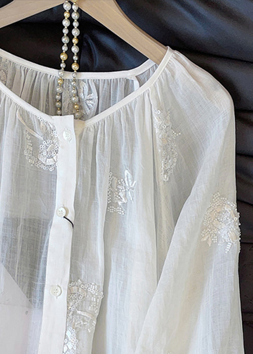 Loose White Embroidered Button Cotton Blouses Fall