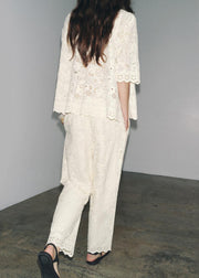 Loose White Embroidered Hollow Out Cotton Two-Piece Set Half Sleeve