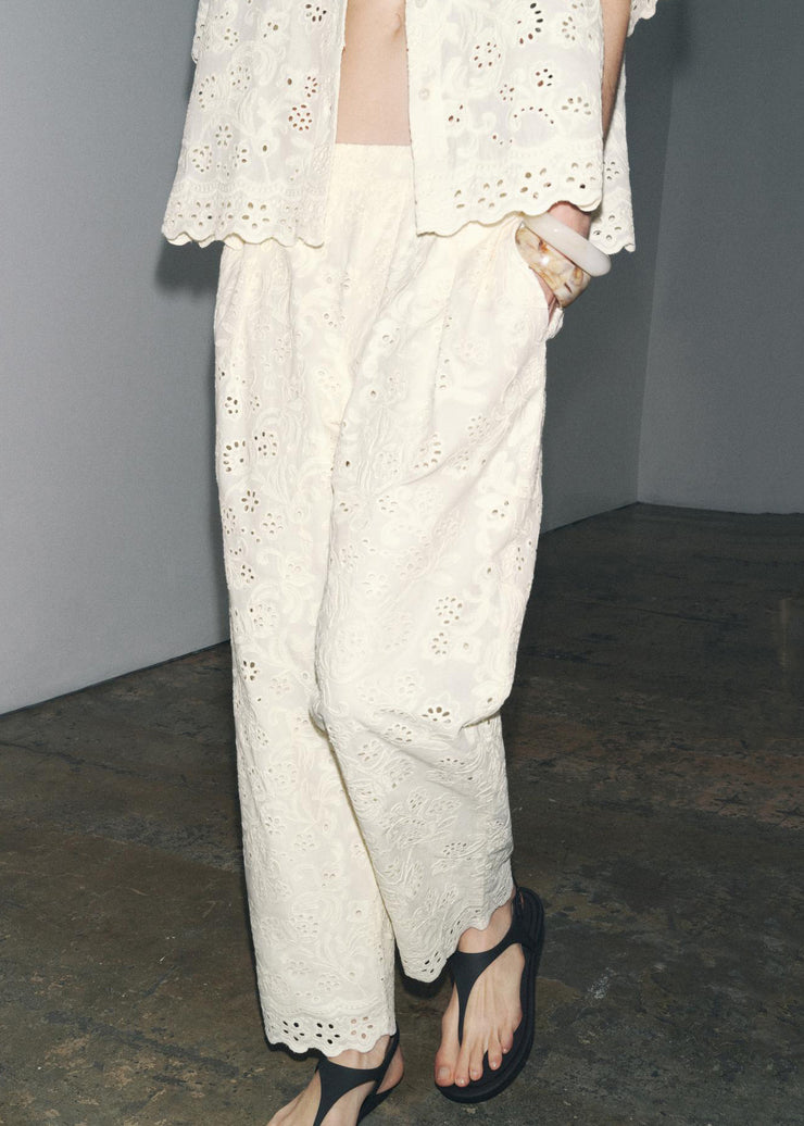 Loose White Embroidered Hollow Out Cotton Two-Piece Set Half Sleeve