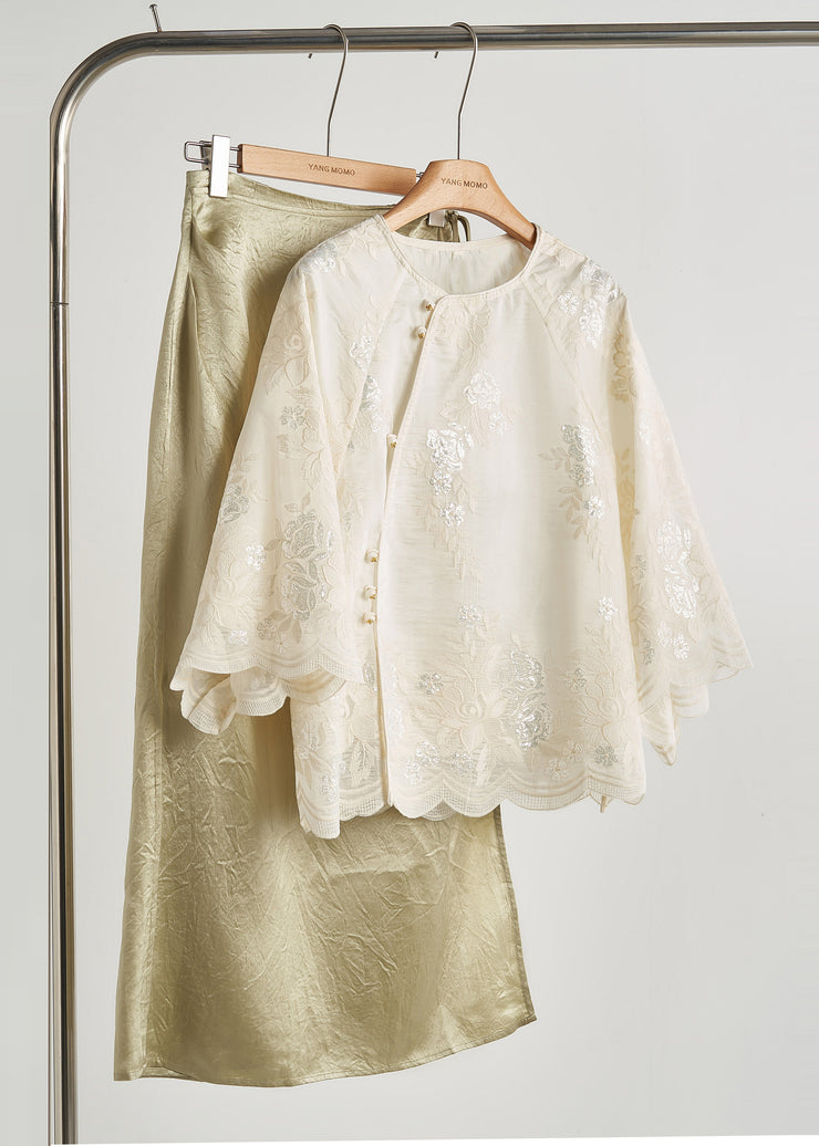 Loose White Embroidered Sequins Silk Shirt Top Bracelet Sleeve