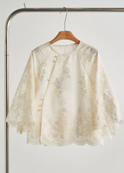 Loose White Embroidered Sequins Silk Shirt Top Bracelet Sleeve