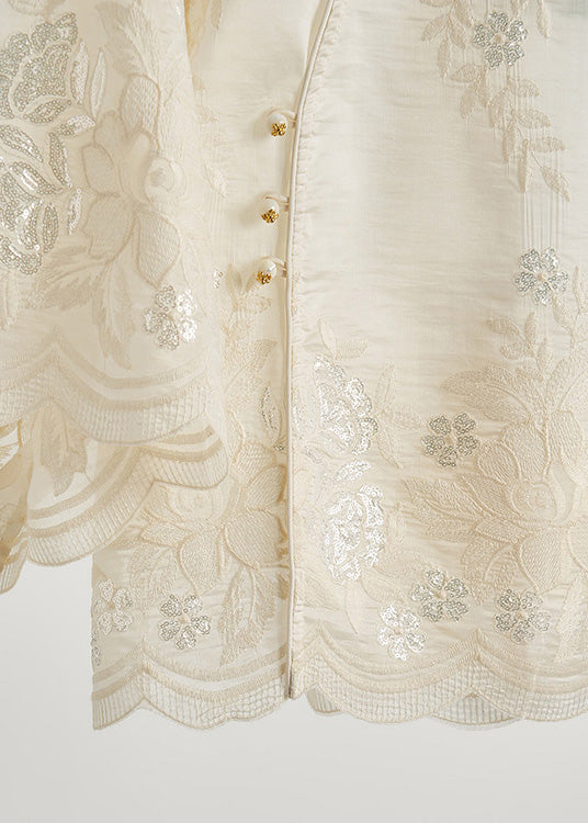 Loose White Embroidered Sequins Silk Shirt Top Bracelet Sleeve