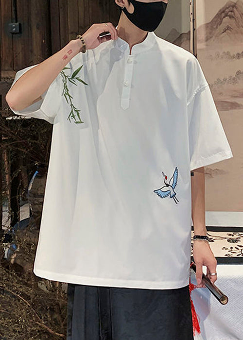 Loose White Embroideried Button Cotton T Shirts Stand Collar Half Sleeve