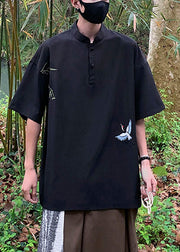 Loose White Embroideried Button Cotton T Shirts Stand Collar Half Sleeve