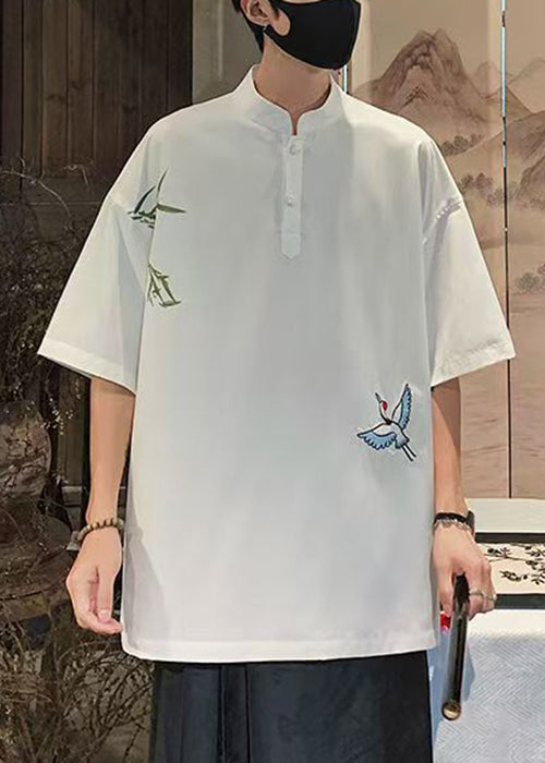 Loose White Embroideried Button Cotton T Shirts Stand Collar Half Sleeve