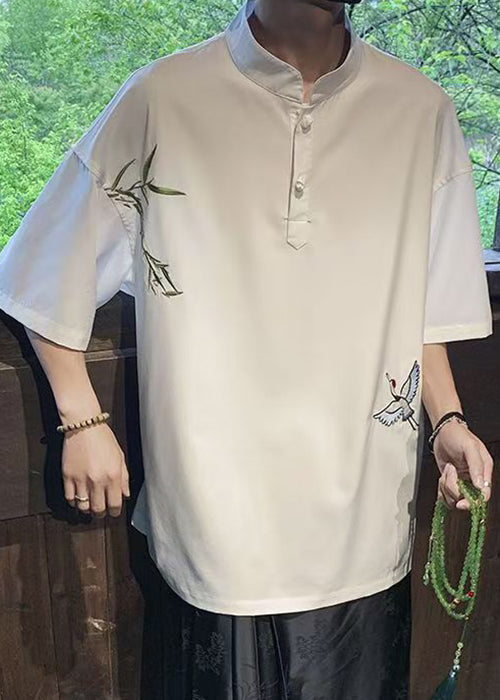 Loose White Embroideried Button Cotton T Shirts Stand Collar Half Sleeve