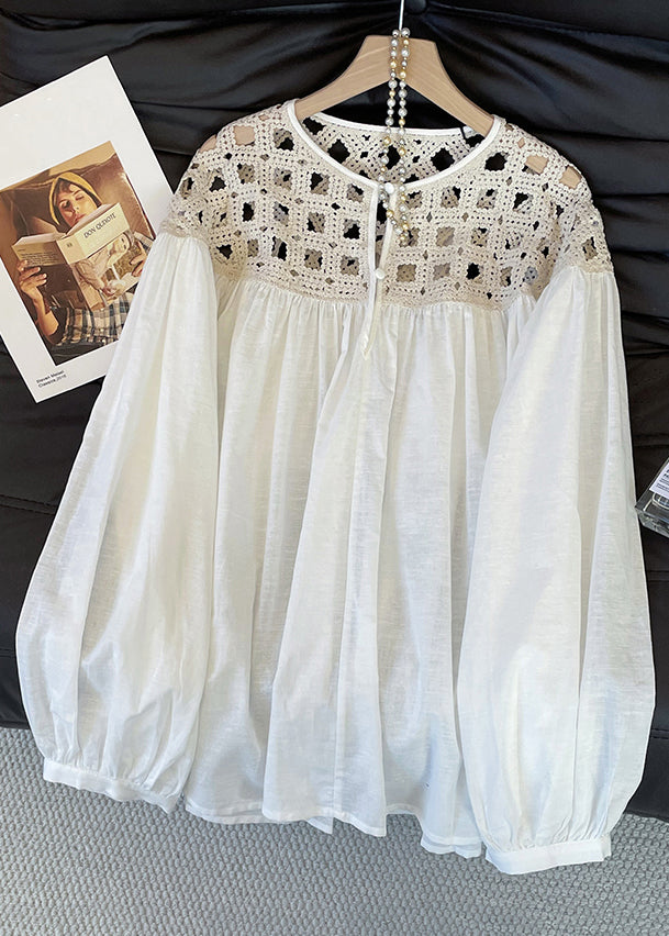 Loose White Hollow Out Button Patchwork Cotton Blouses Fall