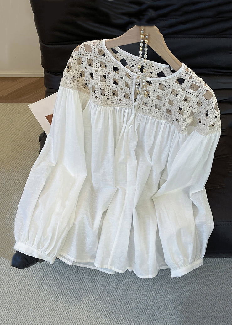 Loose White Hollow Out Button Patchwork Cotton Blouses Fall