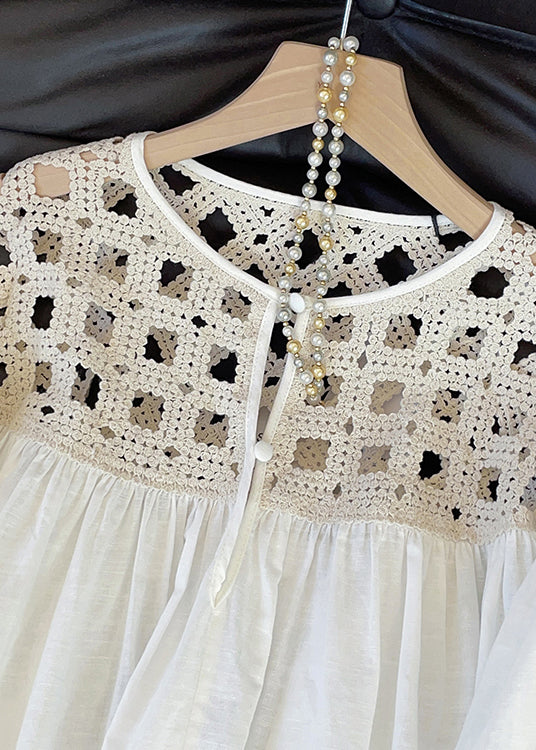 Loose White Hollow Out Button Patchwork Cotton Blouses Fall