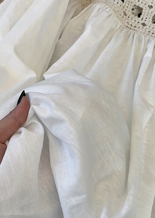 Loose White Hollow Out Button Patchwork Cotton Blouses Fall