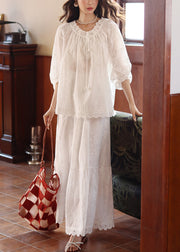 Loose White Hollow Out Lace Cotton Two Piece Set Bracelet Sleeve