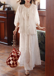 Loose White Hollow Out Lace Cotton Two Piece Set Bracelet Sleeve