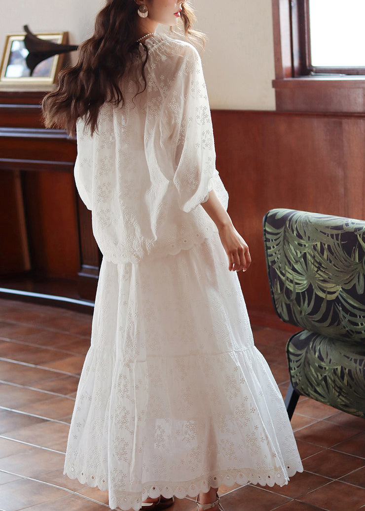 Loose White Hollow Out Lace Cotton Two Piece Set Bracelet Sleeve