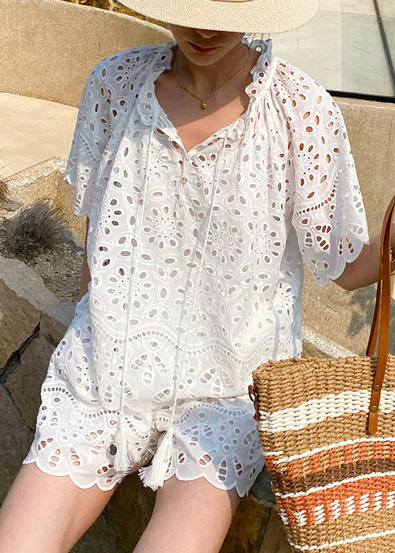 Loose White Hollow Out Lace Up Cotton Two Piece Set Summer
