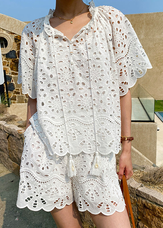 Loose White Hollow Out Lace Up Cotton Two Piece Set Summer