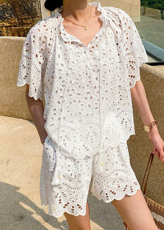 Loose White Hollow Out Lace Up Cotton Two Piece Set Summer