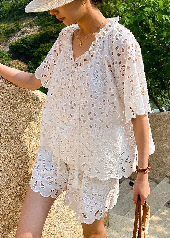 Loose White Hollow Out Lace Up Cotton Two Piece Set Summer