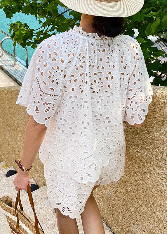 Loose White Hollow Out Lace Up Cotton Two Piece Set Summer