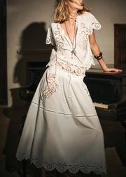 Loose White Hollow Out Shirts And Skirts Cotton Two Pieces Set Summer