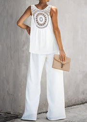 Loose White Hollow Out Solid Cotton Two Pieces Set Sleeveless