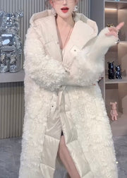 Loose White Hooded Button Patchwork Leather And Fur Coats Winter