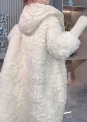 Loose White Hooded Button Patchwork Leather And Fur Coats Winter