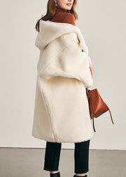 Loose White Hooded Pockets Woolen Coats Winter