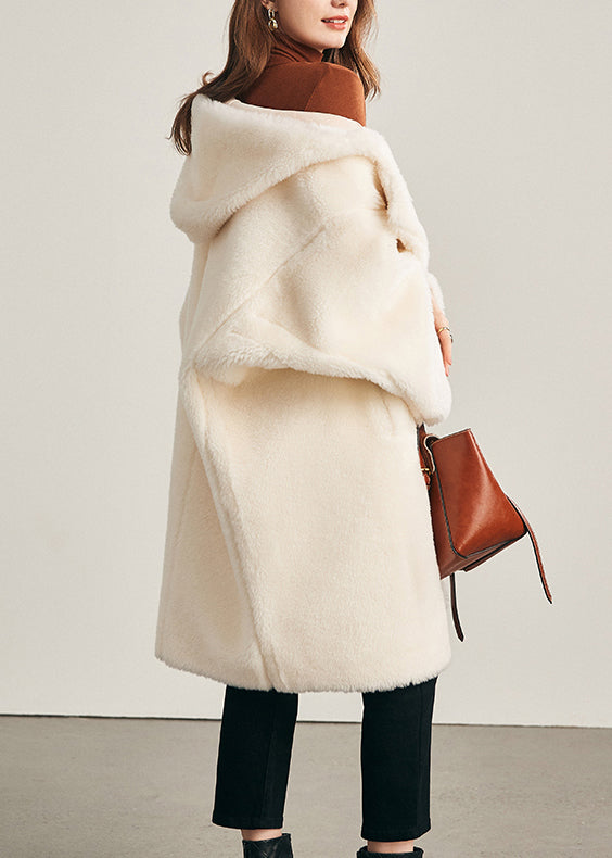 Loose White Hooded Pockets Woolen Coats Winter