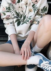 Loose White Hooded Print Cotton Sweatshirts Fall